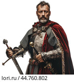 Medieval knight posing with sword and red cape on white background. Стоковое AI-изображение, AI-художник Иван Рябоконь / Фотобанк Лори
