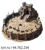 Isometric view of ancient roman colosseum arena showing decrepit ruins with stone walls. Стоковое AI-изображение, AI-художник Иван Рябоконь / Фотобанк Лори