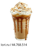 Delicious caramel frappuccino topping dripping down glass. Стоковое AI-изображение, AI-художник Иван Рябоконь / Фотобанк Лори