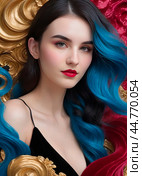 Abstraction portraits of beautiful girls with a variety of hairstyles in combination with a three-color color scheme, red, blue and gold colors, liquid minimalism, merging with the background.Unique illustrations for beauty salons, hairdressers, fashion magazines and more.,Абстракция портреты красивых девушек с разнообразными прическами в комбинации с трехцветной цветовой гаммой,красно, сине золотистые цвета,жидкий минимализм,слияние с задним фоном.Уникальные иллюстрации для салонов красоты,парикмахерских,журналов моды и не только. Стоковое AI-изображение, AI-художник Миронов Павел / Фотобанк Лори