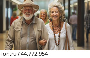 Happy senior tourist couple walking in shopping mall. Стоковое AI-видео, аниматор Юрий Поздников / Фотобанк Лори