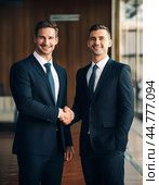 Businessmen shaking hands after making a profitable deal. Стоковое AI-изображение, AI-художник Сергей Елизарьев / Фотобанк Лори
