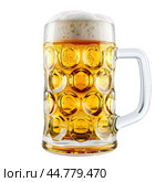 Large german beer stein full of lager beer with bubbles. Стоковое AI-изображение, AI-художник Иван Рябоконь / Фотобанк Лори