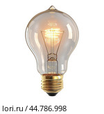 Classic tungsten light bulb shining brightly on white background. Стоковое AI-изображение, AI-художник Иван Рябоконь / Фотобанк Лори