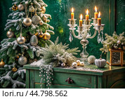 Christmas tree and candles in retro candlesticks on a vintage chest of drawers on a green background. Christmas crystal decorations in the interior. Preparation for the New Year holidays 2025. Стоковое AI-изображение, AI-художник Photojuli / Фотобанк Лори