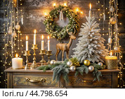 A Christmas tree, a golden deer and candles in candlesticks on a vintage chest of drawers. Christmas gold and crystal decorations in the interior. Preparation for the New Year holidays 2025. Стоковое AI-изображение, AI-художник Photojuli / Фотобанк Лори