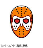 A cartoonish drawing of a hockey goalie with a red face and orange mask. Стоковое AI-изображение, AI-художник KATERINA AI / Фотобанк Лори