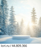 Empty round podium in the middle of the glade in winter forest. Sunny Christmas morning mood. For display of holiday products. Стоковое AI-изображение, AI-художник Катерина Ковалева / Фотобанк Лори