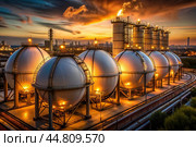 White spherical tanks for storing oil in an outdoor refinery. Tanks for petroleum products are equipment for industrial spherical oil storage. Стоковое AI-изображение, AI-художник Photojuli / Фотобанк Лори
