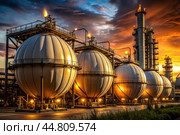 White spherical tanks for storing oil in an outdoor refinery. Tanks for petroleum products are equipment for industrial spherical oil storage. Стоковое AI-изображение, AI-художник Photojuli / Фотобанк Лори