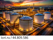 White spherical tanks for storing oil in an outdoor refinery. Tanks for petroleum products are equipment for industrial spherical oil storage. Стоковое AI-изображение, AI-художник Photojuli / Фотобанк Лори