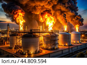 Fire. White spherical tanks for storing oil on fire at an outdoor refinery. Tanks for petroleum products are equipment for industrial spherical oil storage. Стоковое AI-изображение, AI-художник Photojuli / Фотобанк Лори