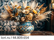 A beautiful bouquet of dried flowers in a ceramic vase on an antique wooden chest of drawers. A bouquet of flowers in a vase in a home interior. Light, beige, blue floral background. Стоковое AI-изображение, AI-художник Photojuli / Фотобанк Лори