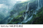 Magnificent Waterfall Cascading Down Rocky Cliff, Creating Misty Cloud In The Air. Стоковое AI-изображение, AI-художник Ярославский Максим / Фотобанк Лори