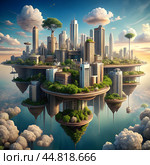 Futuristic floating city with colorful buildings and greenery. Стоковое AI-изображение, AI-художник Алексей Сабадырь / Фотобанк Лори