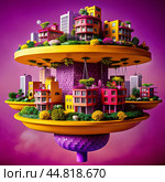 Futuristic floating city with colorful buildings and greenery. Стоковое AI-изображение, AI-художник Алексей Сабадырь / Фотобанк Лори
