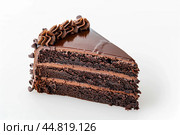 Piece of Sacher torte on white Plate. Brown portion slice of famous Sachertorte chocolate cake with apricot jam against white background. Typical Austrian original chocolate sponge cake dessert. Стоковое AI-изображение, AI-художник Марина Демидюк / Фотобанк Лори