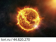 Bright sun against dark starry sky in Solar System. Sun in Space. Solar Surface Activity, Corona. Heatwave hot sun. Climate Change. Global Warming. Temperature of Summer season. Geomagnetic storm. Стоковое AI-изображение, AI-художник Марина Демидюк / Фотобанк Лори