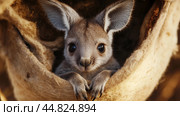 A young kangaroo peeks out from its cozy nest in the warm Australian sun, showcasing its adorable features and curious expression. Стоковое AI-изображение, AI-художник Сергей Толмачёв / Фотобанк Лори