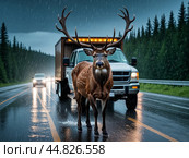 Deer buck entered road right in front of car during the rut in autumn. Стоковое AI-изображение, AI-художник Владимир Григорьев / Фотобанк Лори