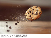 Chocolate chip cookie crumbling and exploding in slow motion. Стоковое AI-изображение, AI-художник Иван Рябоконь / Фотобанк Лори