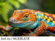 Agama lizard showing off its bright orange, blue and yellow scales. Стоковое AI-изображение, AI-художник Иван Рябоконь / Фотобанк Лори