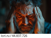 Сильная головная боль, мужчина держится руками за голову. Стоковое AI-изображение, AI-художник Щеголева Ольга / Фотобанк Лори