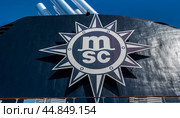 Dubai, United Arab Emirates MSC logo on board cruise ship. MSC Cruises one of world's largest cruise lines (2023 год). Редакционное фото, фотограф Павел Муравьев / Фотобанк Лори
