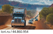 Semi-trailer truck leading a convoy on dusty road. Стоковое AI-видео, аниматор Юрий Поздников / Фотобанк Лори