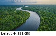 Amazon river meandering through lush rainforest canopy. Стоковое AI-видео, аниматор Юрий Поздников / Фотобанк Лори