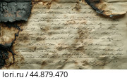 Ancient letter found in ruins, showcasing faded handwriting and charred edges from historical event. Стоковое AI-изображение, AI-художник Юлия Гапеенко / Фотобанк Лори
