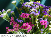 Bouquet of multicolored flowers in a vase (Limonium sinuatum, Statice sinuata) on a green background. Стоковое фото, фотограф Ирина Вершинская / Фотобанк Лори
