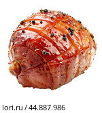Whole roasted gammon ham with black peppercorns on white background. Стоковое AI-изображение, AI-художник Иван Рябоконь / Фотобанк Лори