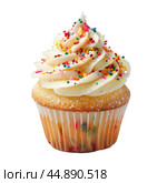 Delicious cupcake decorated with sprinkles on white background. Стоковое AI-изображение, AI-художник Иван Рябоконь / Фотобанк Лори