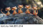 Five cheerful orange geckos posing together on a rock in a sunny forested area, showcasing their playful nature. Стоковое AI-изображение, AI-художник Сергей Толмачёв / Фотобанк Лори