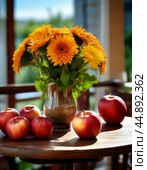 On the table is a bouquet of garden flowers, next to them are ripe apples. Morning still life. Стоковое AI-изображение, AI-художник Сергей Елизарьев / Фотобанк Лори