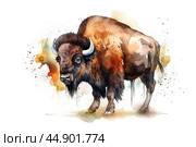 Watercolor bison illustration on white background. Стоковое AI-изображение, AI-художник Ксения Лаптева / Фотобанк Лори