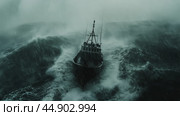A small fishing boat battles towering waves during a fierce storm at sea, showcasing nature's raw power and the struggle for survival. Стоковое AI-изображение, AI-художник Сергей Толмачёв / Фотобанк Лори