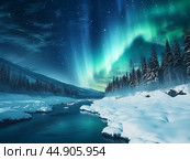 Nothern lights, forest and river winter landscape. New Year concept. Стоковое AI-изображение, AI-художник Ксения Лаптева / Фотобанк Лори