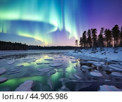 Nothern lights, forest and river winter landscape. New Year concept. Стоковое AI-изображение, AI-художник Ксения Лаптева / Фотобанк Лори