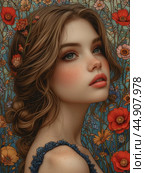 Young woman portrait framed by floral art nouveau style digital illustration. Стоковое AI-изображение, AI-художник Ксения Лаптева / Фотобанк Лори