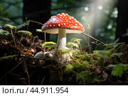 Mushroom Amanita closeup. Стоковое AI-изображение, AI-художник Veniamin Kraskov / Фотобанк Лори