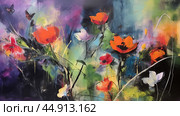 Expressionist flowers in a garden with butterfly accents, set against a blurred background of vivid purple, green, and blue hues. Стоковое AI-изображение, AI-художник Ксения Лаптева / Фотобанк Лори