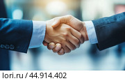 Business partners shaking hands in a modern office setting during a morning meeting to finalize a collaborative agreement. Стоковое AI-изображение, AI-художник Сергей Толмачёв / Фотобанк Лори