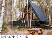 A-shaped frame house in Scandinavian style. The landscape. Quiet rest. The concept of glamping and chalet rentals. A wooden house with a veranda in nature around an autumn birch forest. Стоковое фото, фотограф Photojuli / Фотобанк Лори