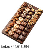 Gourmet chocolate pralines assortment on wooden board. Стоковое AI-изображение, AI-художник Иван Рябоконь / Фотобанк Лори
