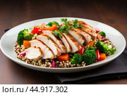Buckwheat with chicken breast, baked with vegetables. Rich source of protein, fiber and vitamins to keep you energized and fit during your workouts. Стоковое AI-изображение, AI-художник Veniamin Kraskov / Фотобанк Лори