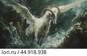 Majestic winged goat emerging from a mystical ocean during a stormy twilight. Стоковое AI-изображение, AI-художник Сергей Толмачёв / Фотобанк Лори