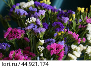 Bouquet of multicolored flowers in a vase (Limonium sinuatum, Statice sinuata) on a green background. Стоковое фото, фотограф Ирина Вершинская / Фотобанк Лори