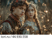 Ivan the Fool and Vasilisa the Beautiful in a whimsical scene from Russian folklore, full of charm and magic. Редакционное AI-изображение, AI-художник Veniamin Kraskov / Фотобанк Лори